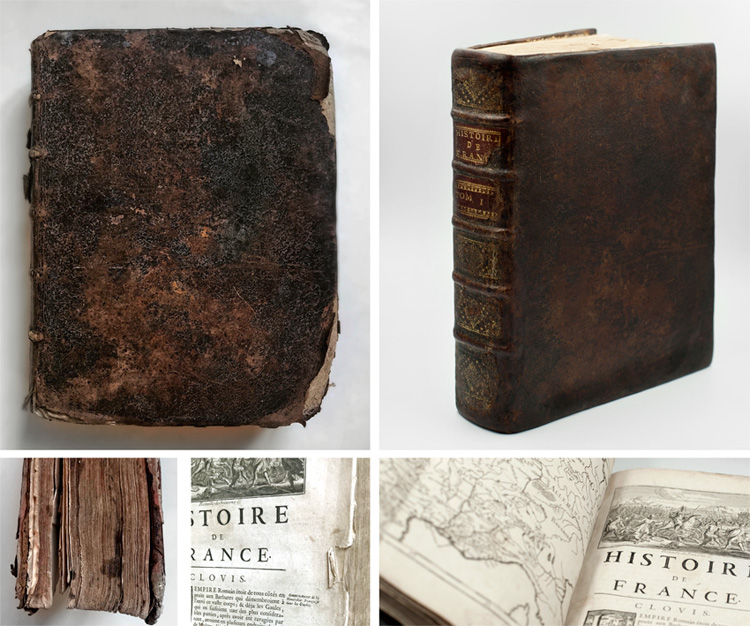 Avant-après, restauration du livre en cuir du XVIIIe siècle, Histoire de France.