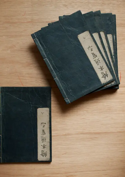 Cahiers japonais Ehon de Tachibana Morikuni restaurés avec couture japonaise refaite et retouches de conservation.